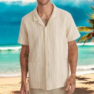 Marine Layer SS Camp Shirt Natural Vertical Stripe Button Down SZ Medium Large